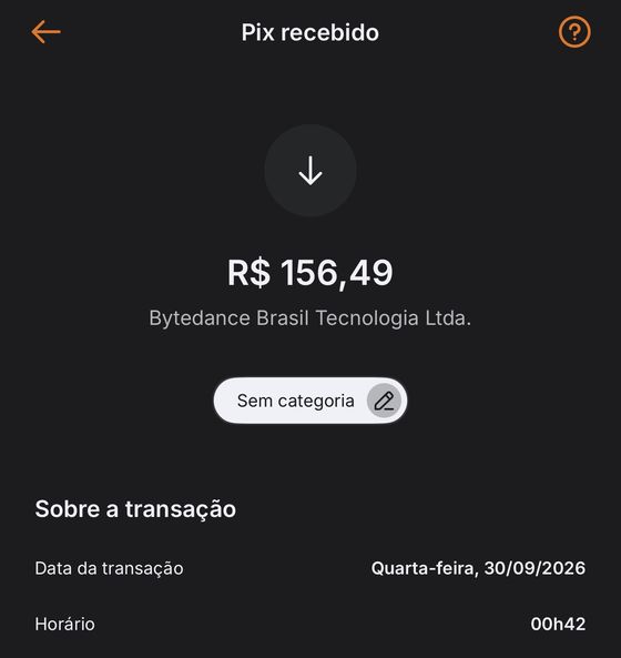Pix recebido de R$ 156,49 da Bytedance Brasil Tecnologia em 30/09/2026